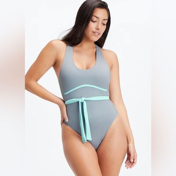 Fabletics Lace Up Razorback Swimsuit One Piece NWT Raincloud Sky Blue NWT Size S - Picture 1 of 4